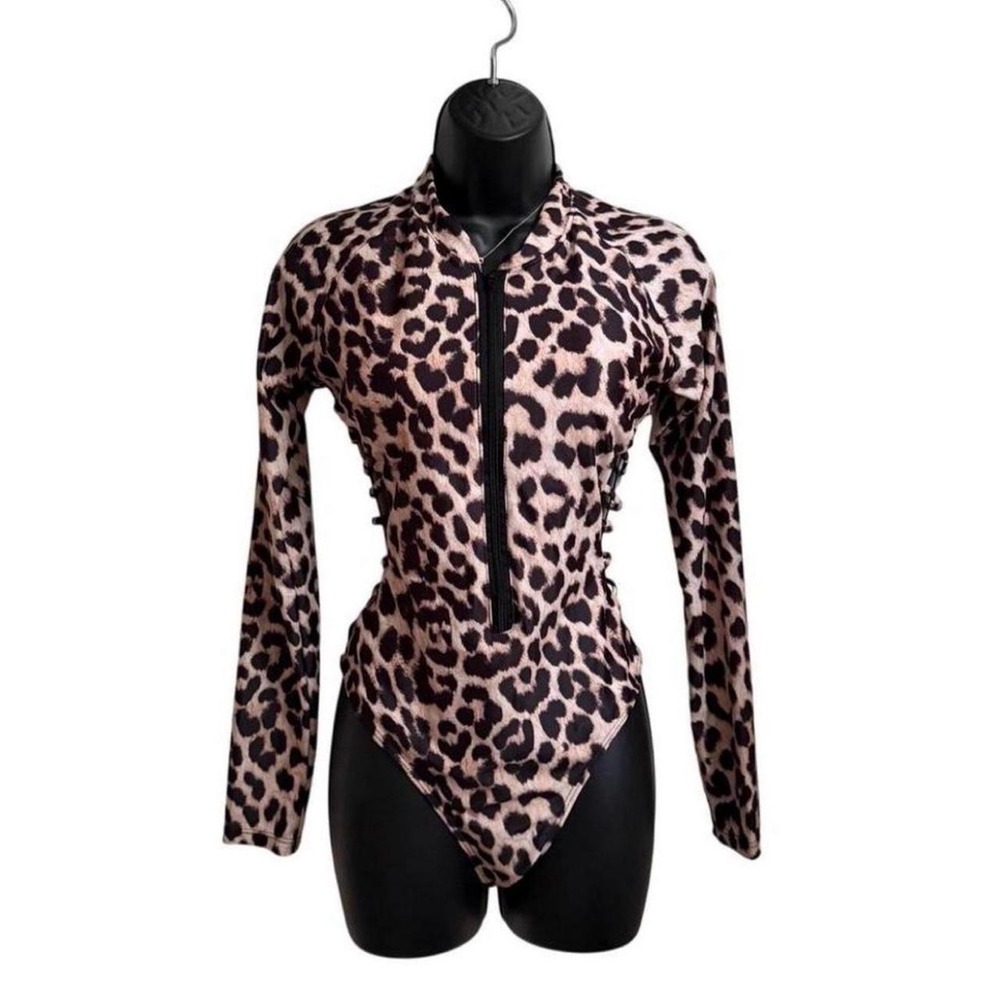 Leopard Print Long Sleeve Half Zip Side Tie Rash Guard One Piece Swimsuit